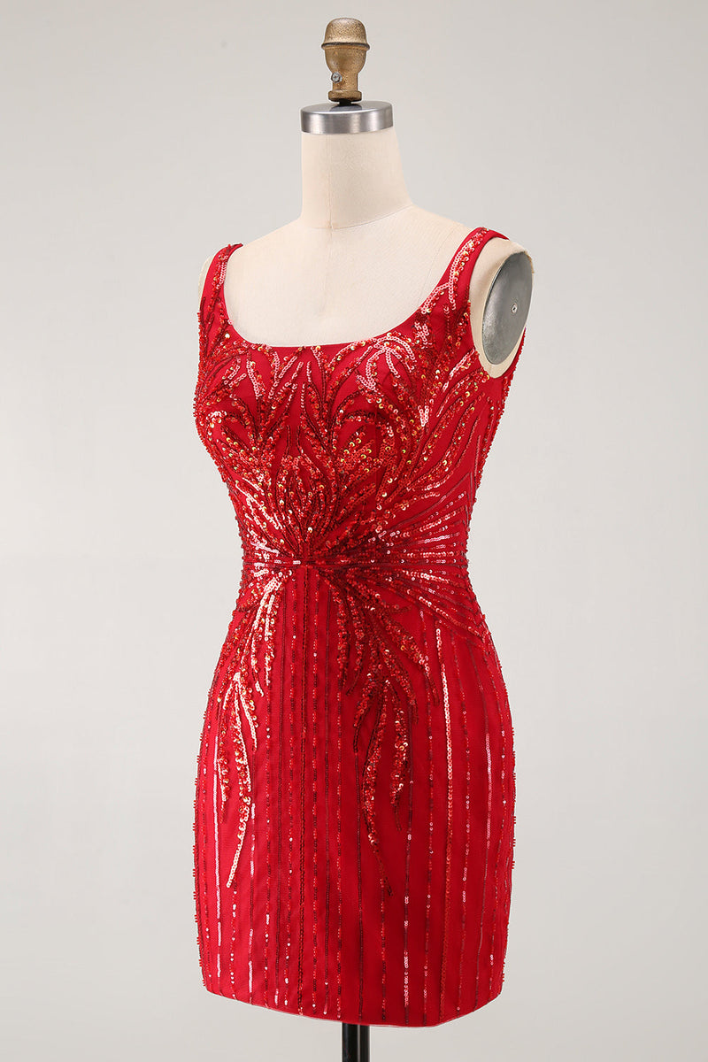Laden Sie das Bild in den Galerie-Viewer, Glitzerndes burgunderrotes Bodycon-Pailletten, quadratischer Ausschnitt, kurzes Homecoming-Kleid
