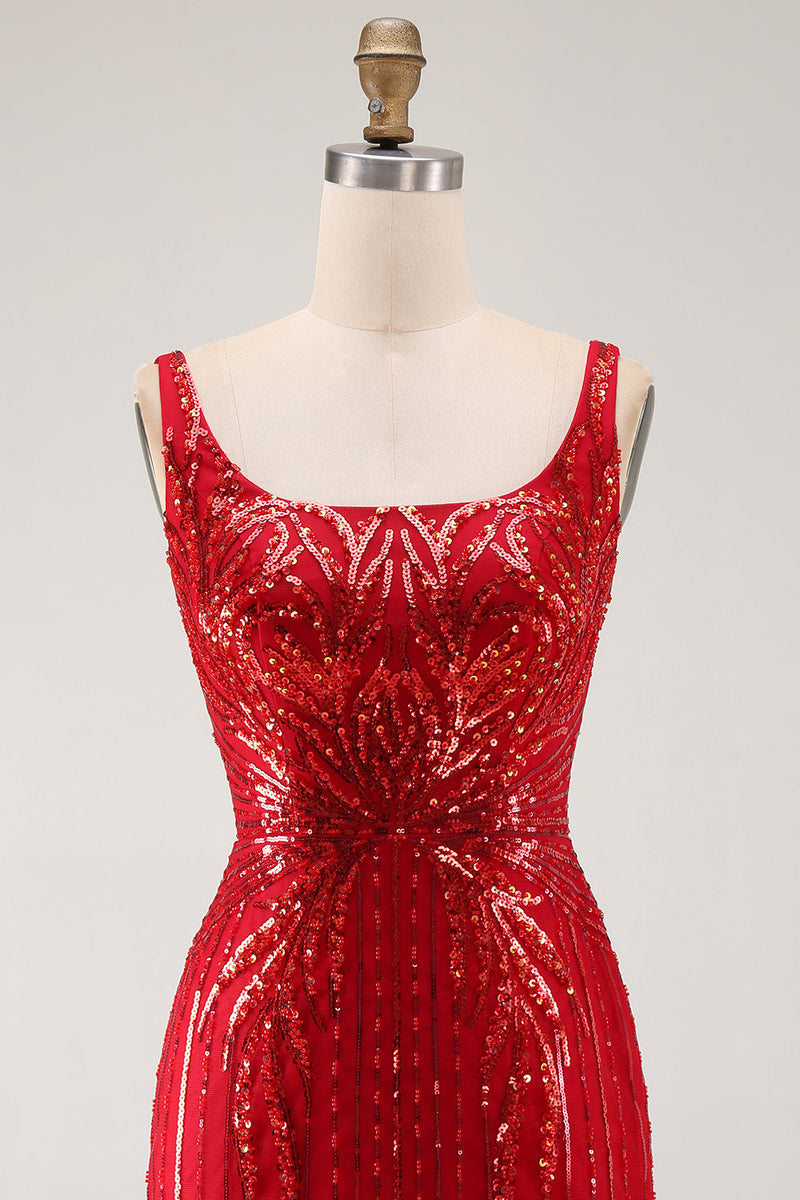 Laden Sie das Bild in den Galerie-Viewer, Glitzerndes burgunderrotes Bodycon-Pailletten, quadratischer Ausschnitt, kurzes Homecoming-Kleid
