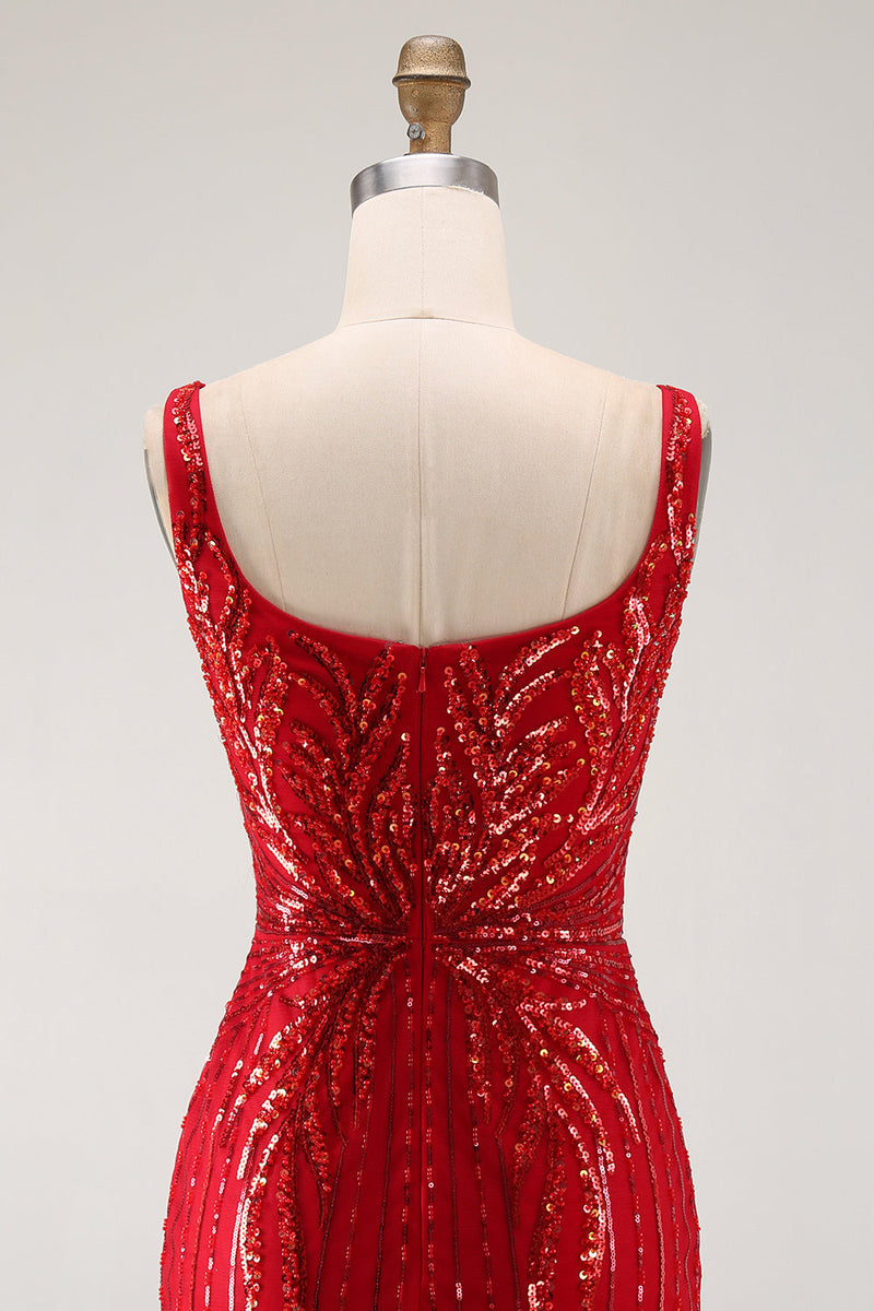 Laden Sie das Bild in den Galerie-Viewer, Glitzerndes burgunderrotes Bodycon-Pailletten, quadratischer Ausschnitt, kurzes Homecoming-Kleid