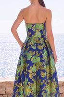 Laden Sie das Bild in den Galerie-Viewer, Rosa blumiges trägerloses A-Linie Jacquard Midi-Kleid