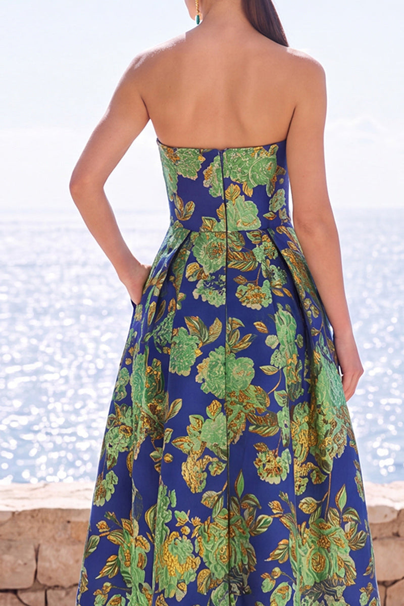 Laden Sie das Bild in den Galerie-Viewer, Rosa blumiges trägerloses A-Linie Jacquard Midi-Kleid