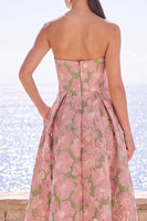 Laden Sie das Bild in den Galerie-Viewer, Rosa blumiges trägerloses A-Linie Jacquard Midi-Kleid