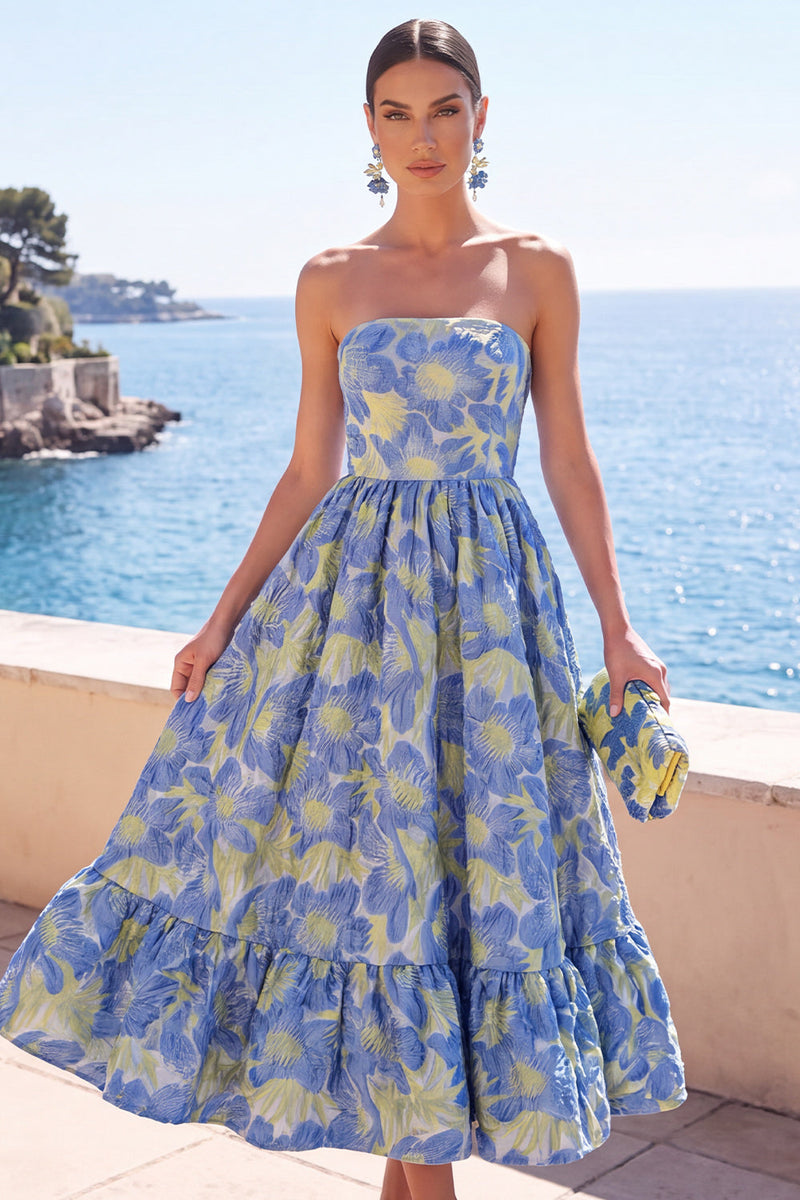 Laden Sie das Bild in den Galerie-Viewer, Dunkelgrünes, trägerloses A-Linien-Jacquard-Midi-Blumenkleid mit Rüschen
