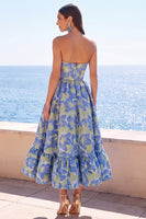 Laden Sie das Bild in den Galerie-Viewer, Dunkelgrünes, trägerloses A-Linien-Jacquard-Midi-Blumenkleid mit Rüschen