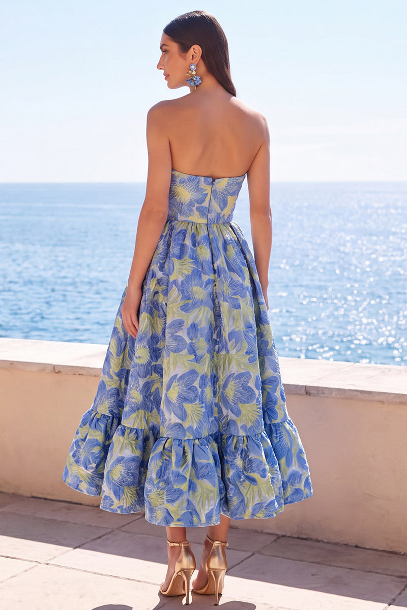 Laden Sie das Bild in den Galerie-Viewer, Dunkelgrünes, trägerloses A-Linien-Jacquard-Midi-Blumenkleid mit Rüschen