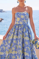Laden Sie das Bild in den Galerie-Viewer, Dunkelgrünes, trägerloses A-Linien-Jacquard-Midi-Blumenkleid mit Rüschen