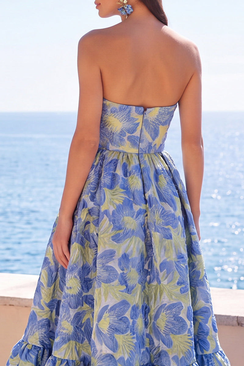 Laden Sie das Bild in den Galerie-Viewer, Dunkelgrünes, trägerloses A-Linien-Jacquard-Midi-Blumenkleid mit Rüschen
