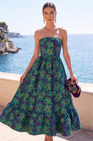 Laden Sie das Bild in den Galerie-Viewer, Dunkelgrünes, trägerloses A-Linien-Jacquard-Midi-Blumenkleid mit Rüschen