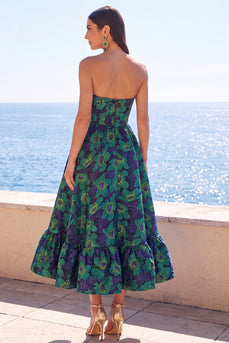 Dunkelgrünes Trägerloses A-Linie Jacquard Midi Blumenkleid mit Rüschen