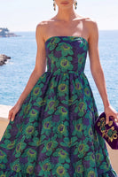 Laden Sie das Bild in den Galerie-Viewer, Dunkelgrünes, trägerloses A-Linien-Jacquard-Midi-Blumenkleid mit Rüschen