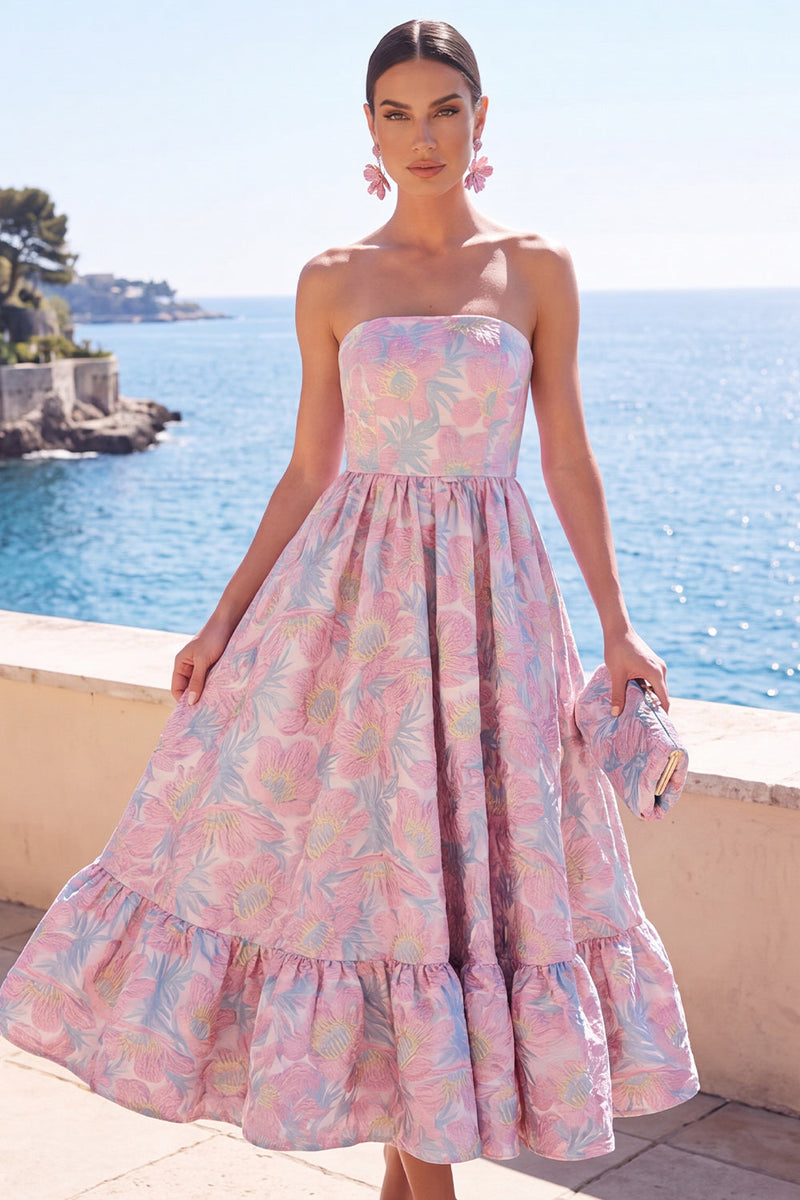 Laden Sie das Bild in den Galerie-Viewer, Dunkelgrünes, trägerloses A-Linien-Jacquard-Midi-Blumenkleid mit Rüschen