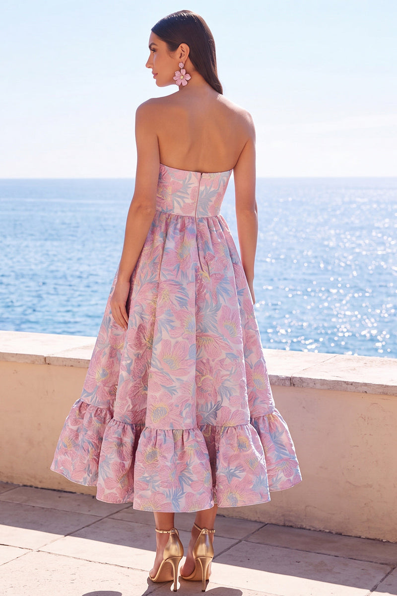 Laden Sie das Bild in den Galerie-Viewer, Dunkelgrünes, trägerloses A-Linien-Jacquard-Midi-Blumenkleid mit Rüschen