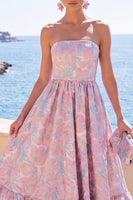 Laden Sie das Bild in den Galerie-Viewer, Dunkelgrünes, trägerloses A-Linien-Jacquard-Midi-Blumenkleid mit Rüschen