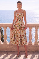 Laden Sie das Bild in den Galerie-Viewer, Aprikosen-quadratisches A-Linien-Jacquard-Floral-Midi-Kleid