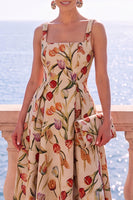 Laden Sie das Bild in den Galerie-Viewer, Aprikosen-quadratisches A-Linien-Jacquard-Floral-Midi-Kleid