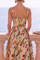 Laden Sie das Bild in den Galerie-Viewer, Aprikosen-quadratisches A-Linien-Jacquard-Floral-Midi-Kleid