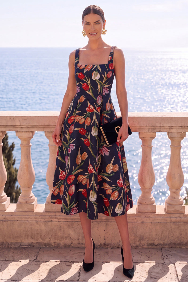 Laden Sie das Bild in den Galerie-Viewer, Aprikosen-quadratisches A-Linien-Jacquard-Floral-Midi-Kleid