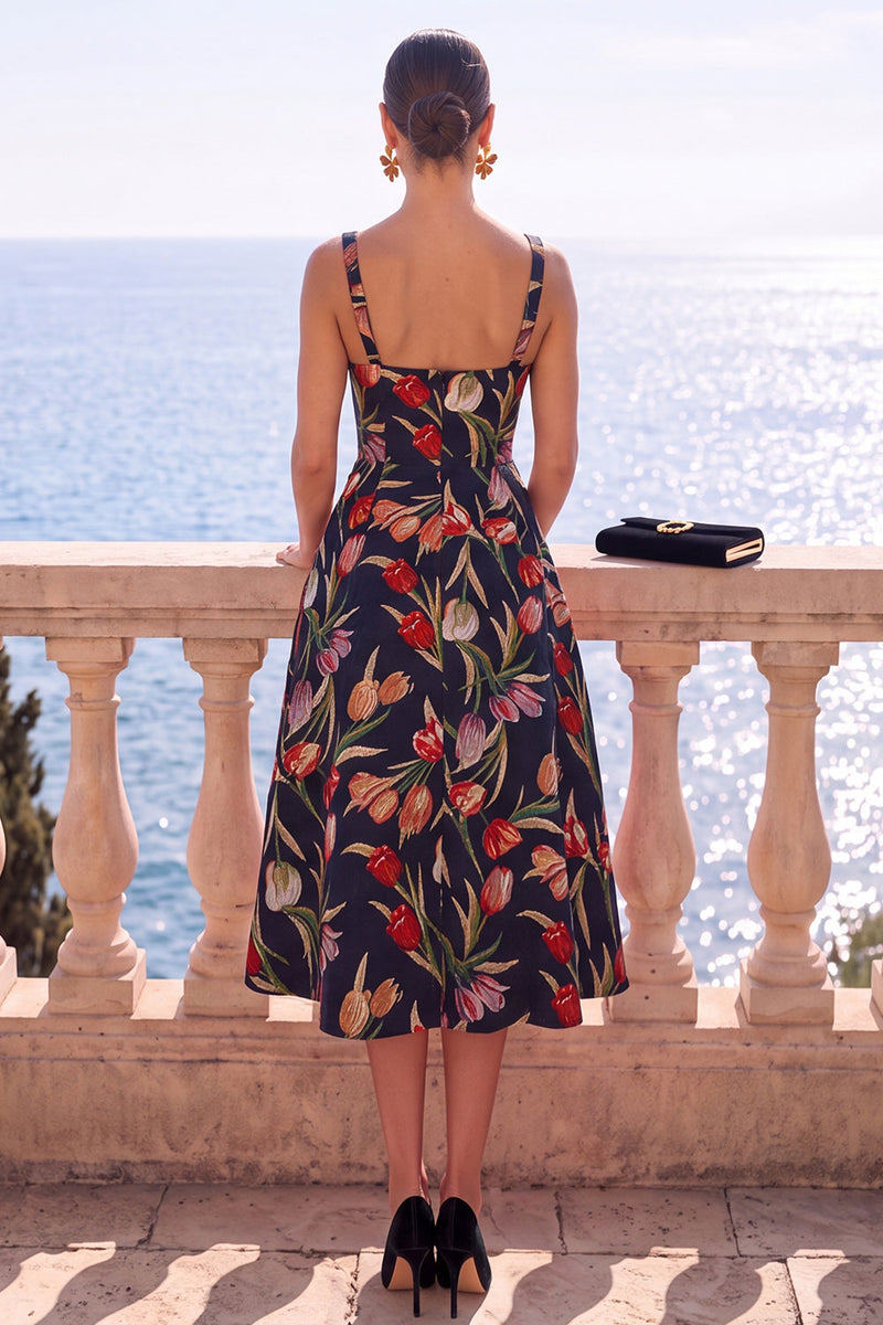 Laden Sie das Bild in den Galerie-Viewer, Aprikosen-quadratisches A-Linien-Jacquard-Floral-Midi-Kleid