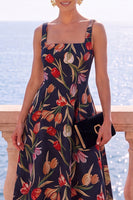 Laden Sie das Bild in den Galerie-Viewer, Aprikosen-quadratisches A-Linien-Jacquard-Floral-Midi-Kleid