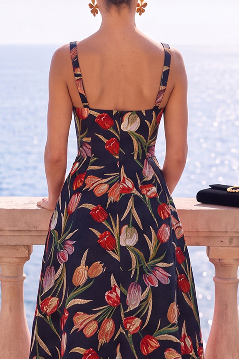 Laden Sie das Bild in den Galerie-Viewer, Aprikosen-quadratisches A-Linien-Jacquard-Floral-Midi-Kleid