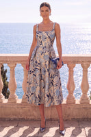 Laden Sie das Bild in den Galerie-Viewer, Aprikosen-quadratisches A-Linien-Jacquard-Floral-Midi-Kleid