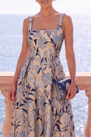 Laden Sie das Bild in den Galerie-Viewer, Aprikosen-quadratisches A-Linien-Jacquard-Floral-Midi-Kleid