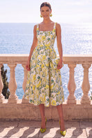 Laden Sie das Bild in den Galerie-Viewer, Aprikosen-quadratisches A-Linien-Jacquard-Floral-Midi-Kleid