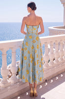 Laden Sie das Bild in den Galerie-Viewer, A-Line Jacquardblaues trägerloses Blumen-Midi-Kleid