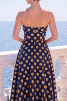 Laden Sie das Bild in den Galerie-Viewer, A-Line Jacquardblaues trägerloses Blumen-Midi-Kleid
