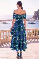 Laden Sie das Bild in den Galerie-Viewer, Marinegrünes Midi-Kleid mit absteigender A-Linie und Schnürung hinten