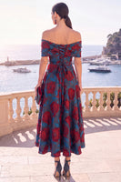 Laden Sie das Bild in den Galerie-Viewer, Marinegrünes Midi-Kleid mit absteigender A-Linie und Schnürung hinten