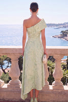 Laden Sie das Bild in den Galerie-Viewer, Grünes A-Linie-Jacquard-Asymmetrisches Midi-Blumenkleid