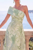Laden Sie das Bild in den Galerie-Viewer, Grünes A-Linie-Jacquard-Asymmetrisches Midi-Blumenkleid