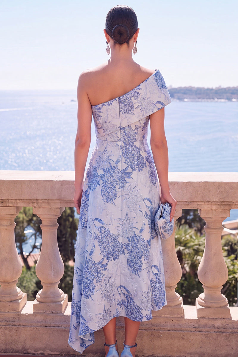 Laden Sie das Bild in den Galerie-Viewer, Grünes A-Linie-Jacquard-Asymmetrisches Midi-Blumenkleid