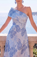 Laden Sie das Bild in den Galerie-Viewer, Grünes A-Linie-Jacquard-Asymmetrisches Midi-Blumenkleid