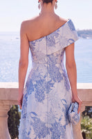 Laden Sie das Bild in den Galerie-Viewer, Grünes A-Linie-Jacquard-Asymmetrisches Midi-Blumenkleid