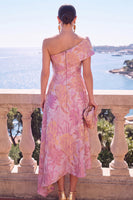 Laden Sie das Bild in den Galerie-Viewer, Grünes A-Linie-Jacquard-Asymmetrisches Midi-Blumenkleid