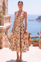 Laden Sie das Bild in den Galerie-Viewer, Olivfarbenes Sweetheart A-Line Jacquard gerafftes Blumen-Midi-Kleid