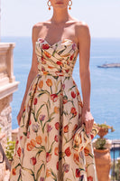 Laden Sie das Bild in den Galerie-Viewer, Olivfarbenes Sweetheart A-Line Jacquard gerafftes Blumen-Midi-Kleid