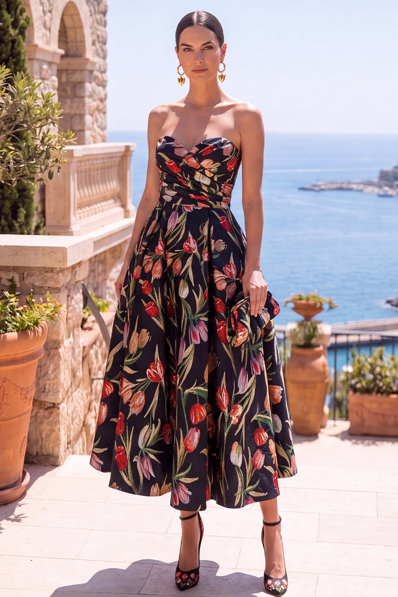 Laden Sie das Bild in den Galerie-Viewer, Olivfarbenes Sweetheart A-Line Jacquard gerafftes Blumen-Midi-Kleid