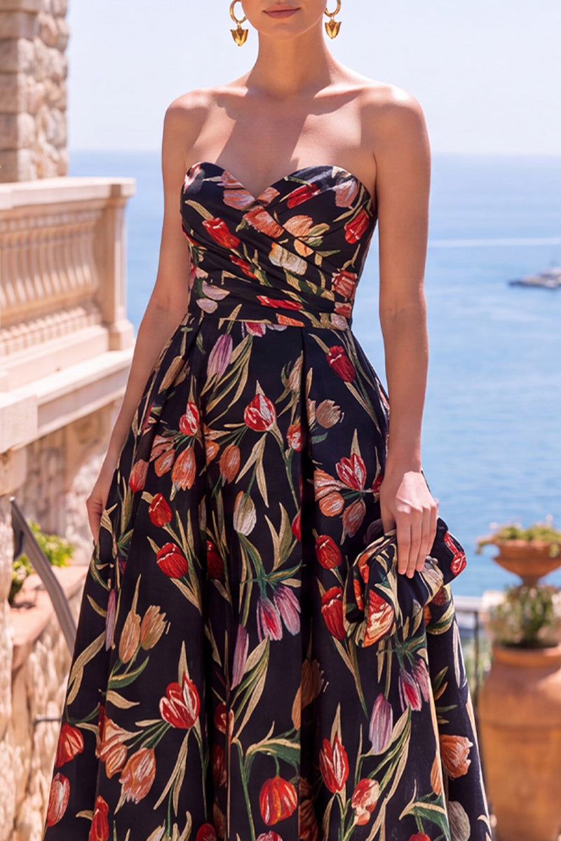 Laden Sie das Bild in den Galerie-Viewer, Olivfarbenes Sweetheart A-Line Jacquard gerafftes Blumen-Midi-Kleid