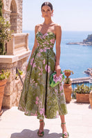 Laden Sie das Bild in den Galerie-Viewer, Olivfarbenes Sweetheart A-Line Jacquard gerafftes Blumen-Midi-Kleid