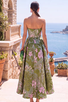 Olive Sweetheart A-Linie Jacquard Gerafftes Blumen Midi-Kleid