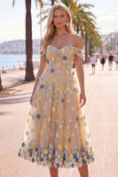 Laden Sie das Bild in den Galerie-Viewer, Off-the-shoulder rote Blumen-A-Linie Tüll-Midi-Kleid mit Applikationen