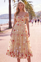 Laden Sie das Bild in den Galerie-Viewer, Off-the-shoulder rote Blumen-A-Linie Tüll-Midi-Kleid mit Applikationen