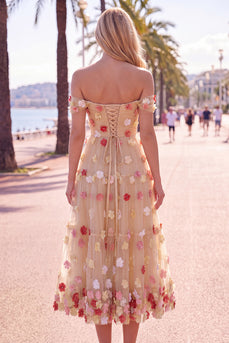 Off-the-shoulder Rote Blumen A-Linie Tüll Midi-Kleid mit Applikationen