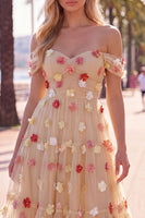 Laden Sie das Bild in den Galerie-Viewer, Off-the-shoulder rote Blumen-A-Linie Tüll-Midi-Kleid mit Applikationen