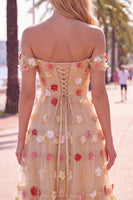 Laden Sie das Bild in den Galerie-Viewer, Off-the-shoulder rote Blumen-A-Linie Tüll-Midi-Kleid mit Applikationen