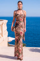 Laden Sie das Bild in den Galerie-Viewer, Meerjungfrauengrüner Samt-Neckholderhals mit gerafftem Maxi-Floralkleid