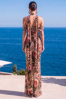 Laden Sie das Bild in den Galerie-Viewer, Meerjungfrauengrüner Samt-Neckholderhals mit gerafftem Maxi-Floralkleid